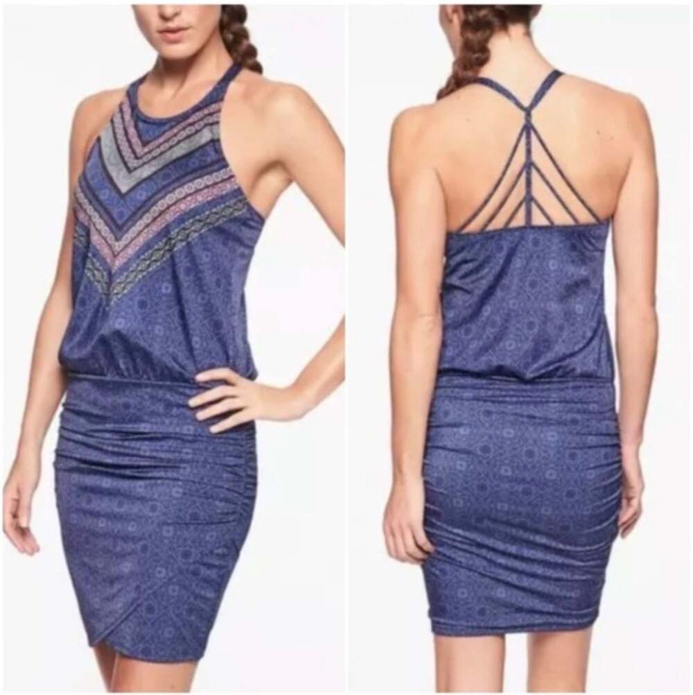 Athleta Women's blue purple boho print blouson dress, built in bra, strappy, S